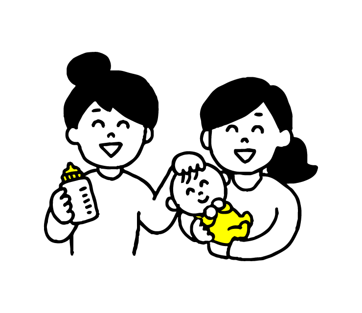 哺乳瓶をもつシッターとママと赤ちゃん